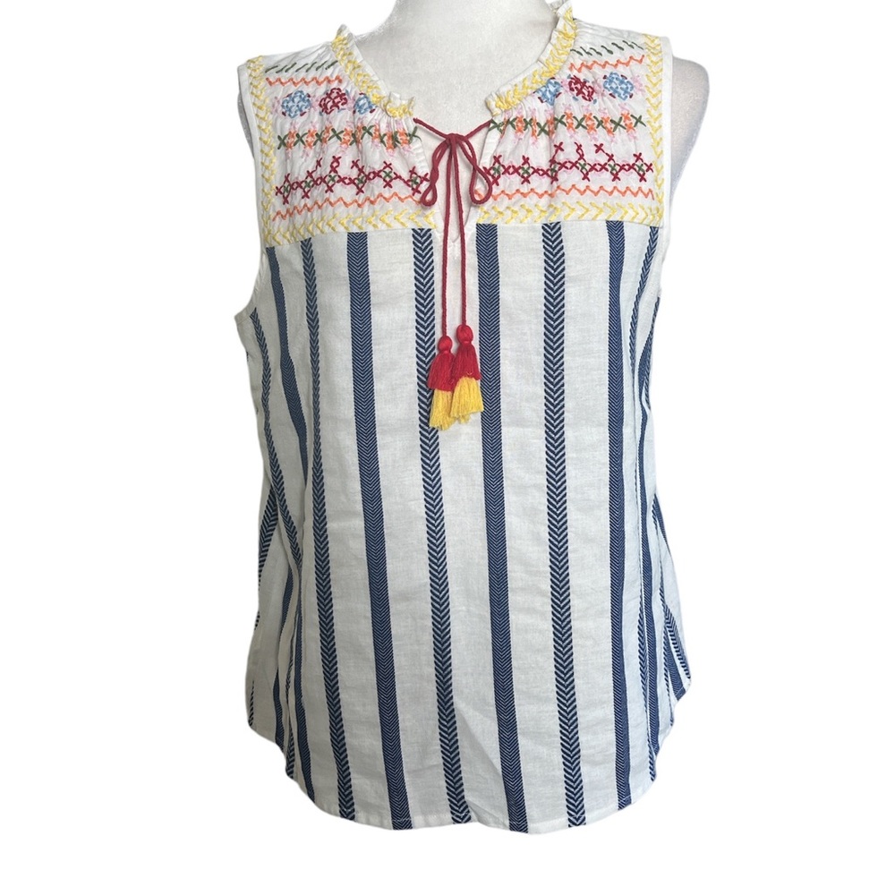 Rocks & Indigo Embroidered Blue Aztec Stripe Tassel Tie Sleeveless Top Sz M
